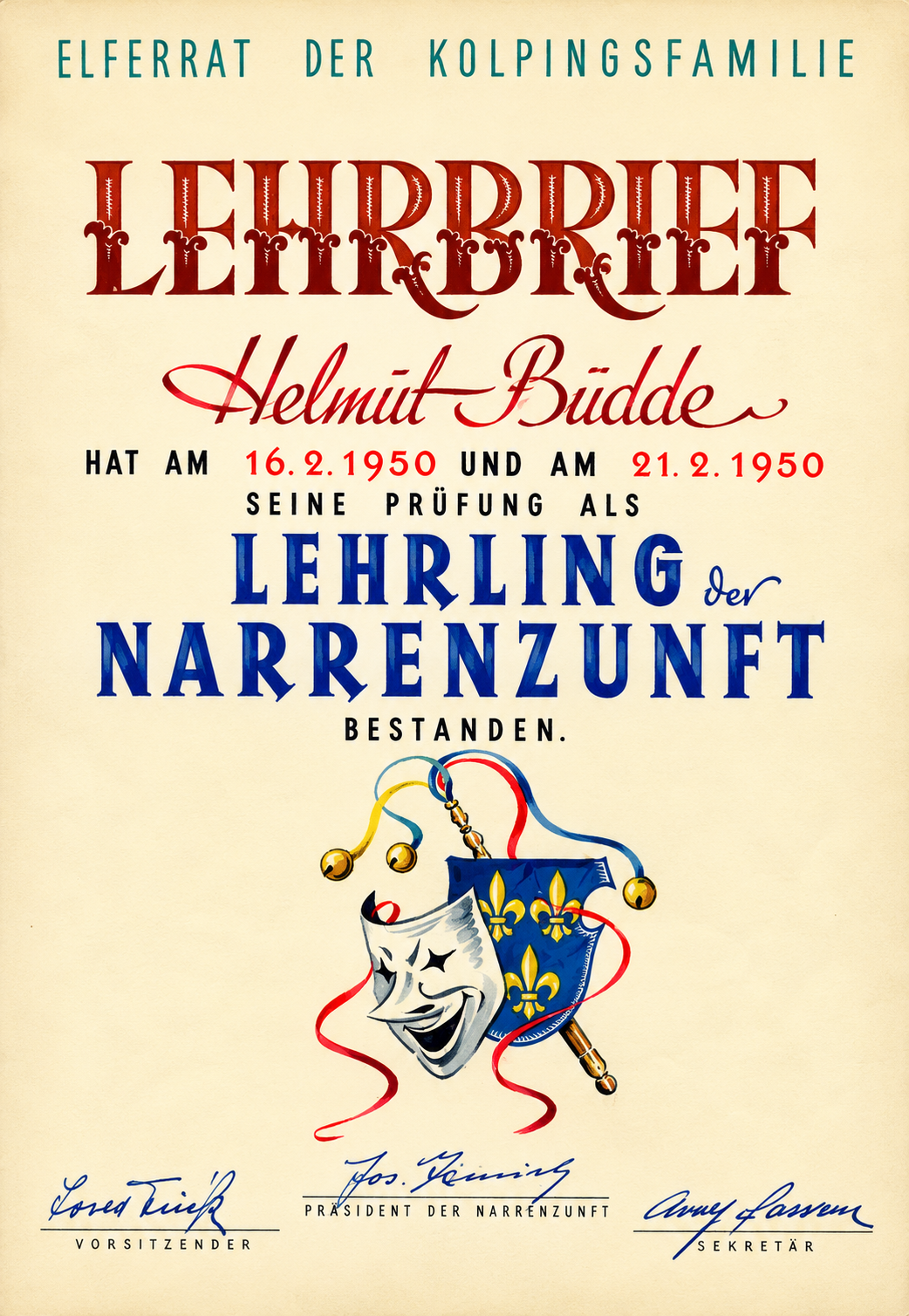 Vintage Karnevals Lehrbrief mit Narrenzunft Emblem